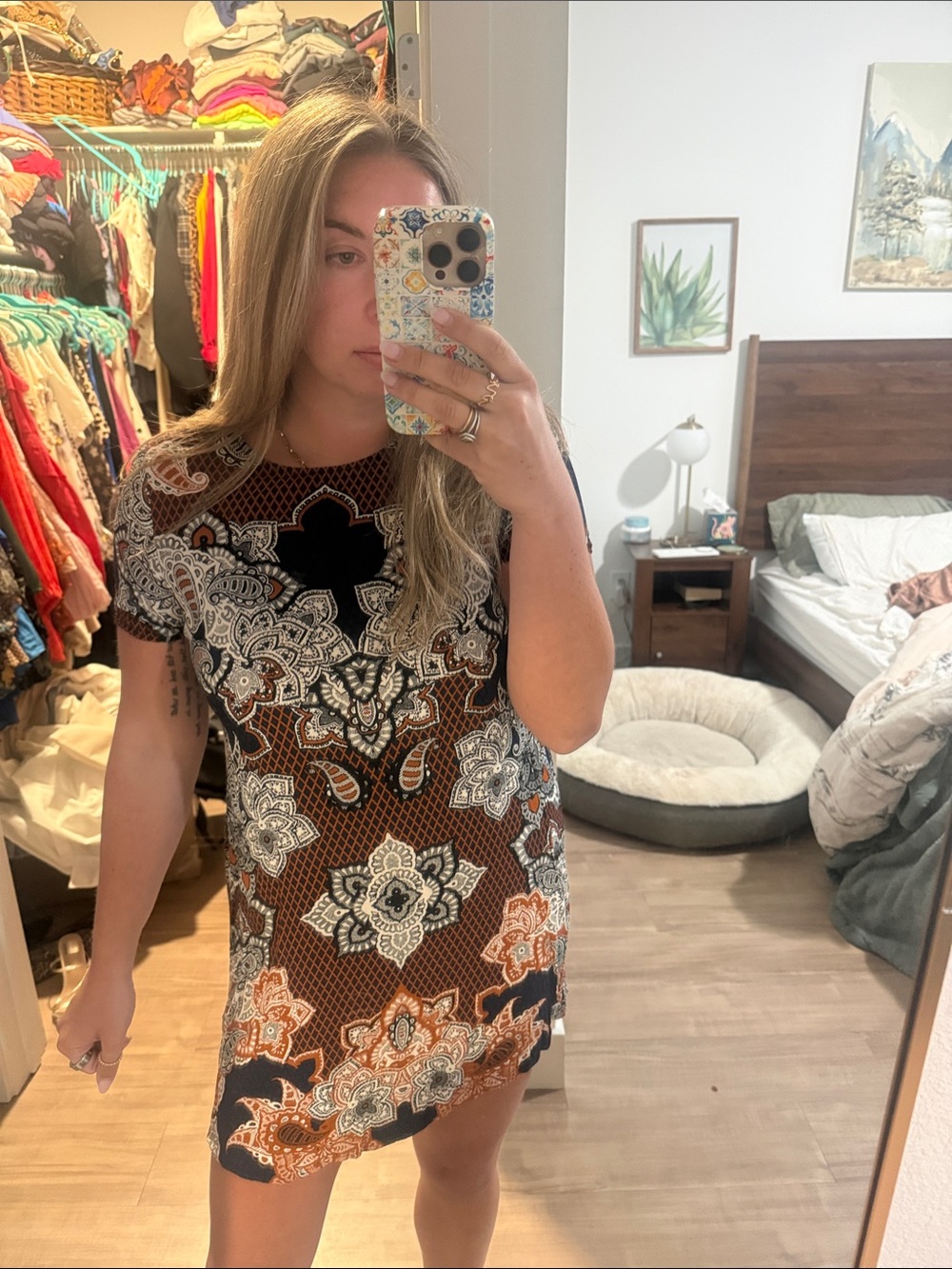 Express Women’s Short Sleeve Black & Brown Paisley Shift Dress